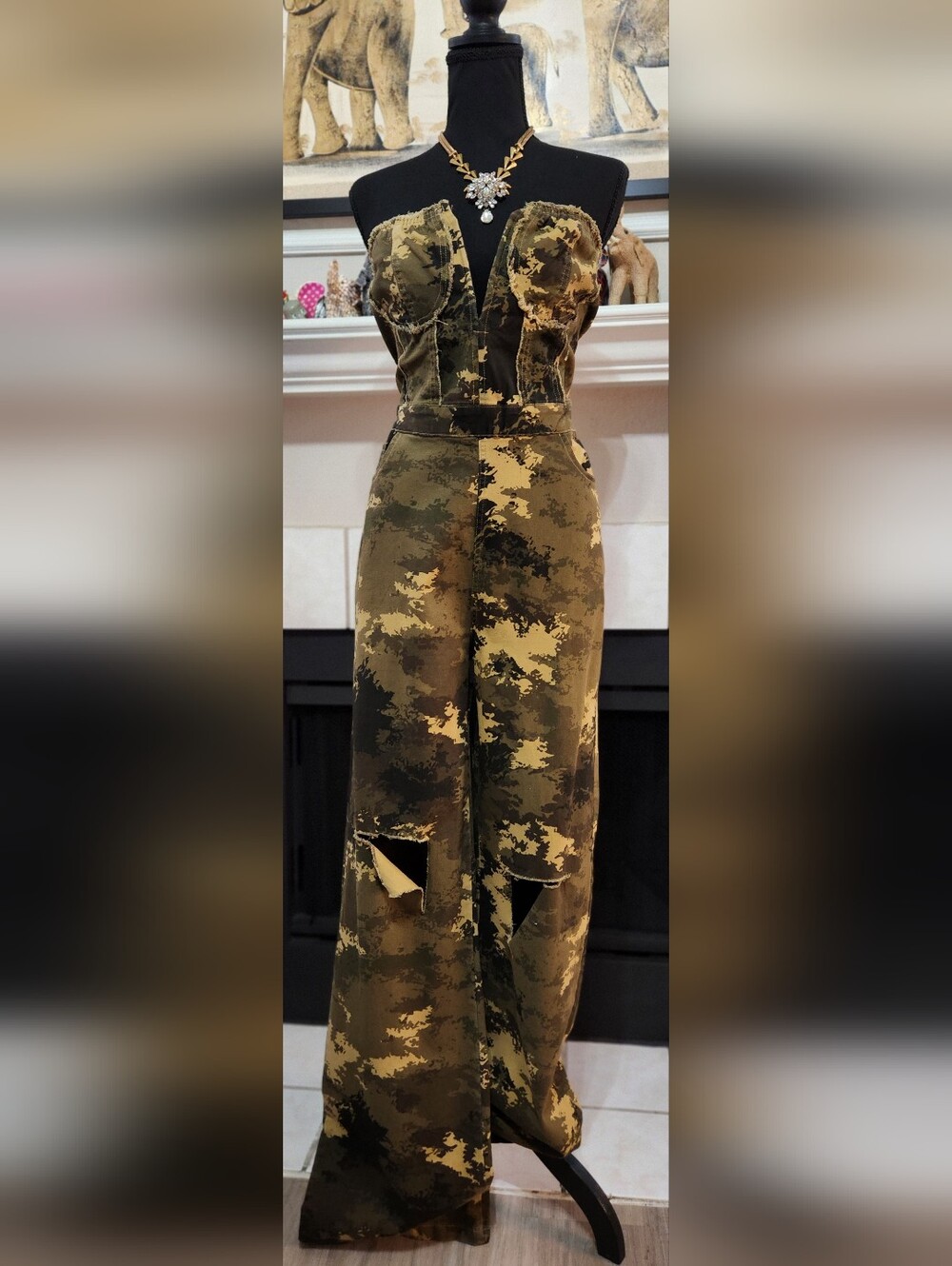 Strapless Camo Wide-Leg Jumpsuit in Olive